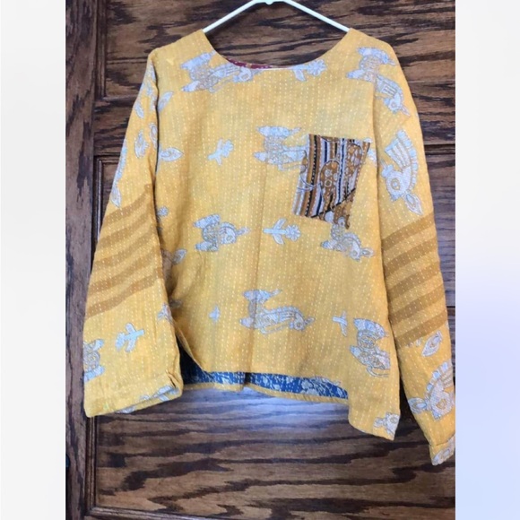 Kantha Bae Wanderer pocket crop. Yellow Patterned Women's Top - Picture 3 of 7